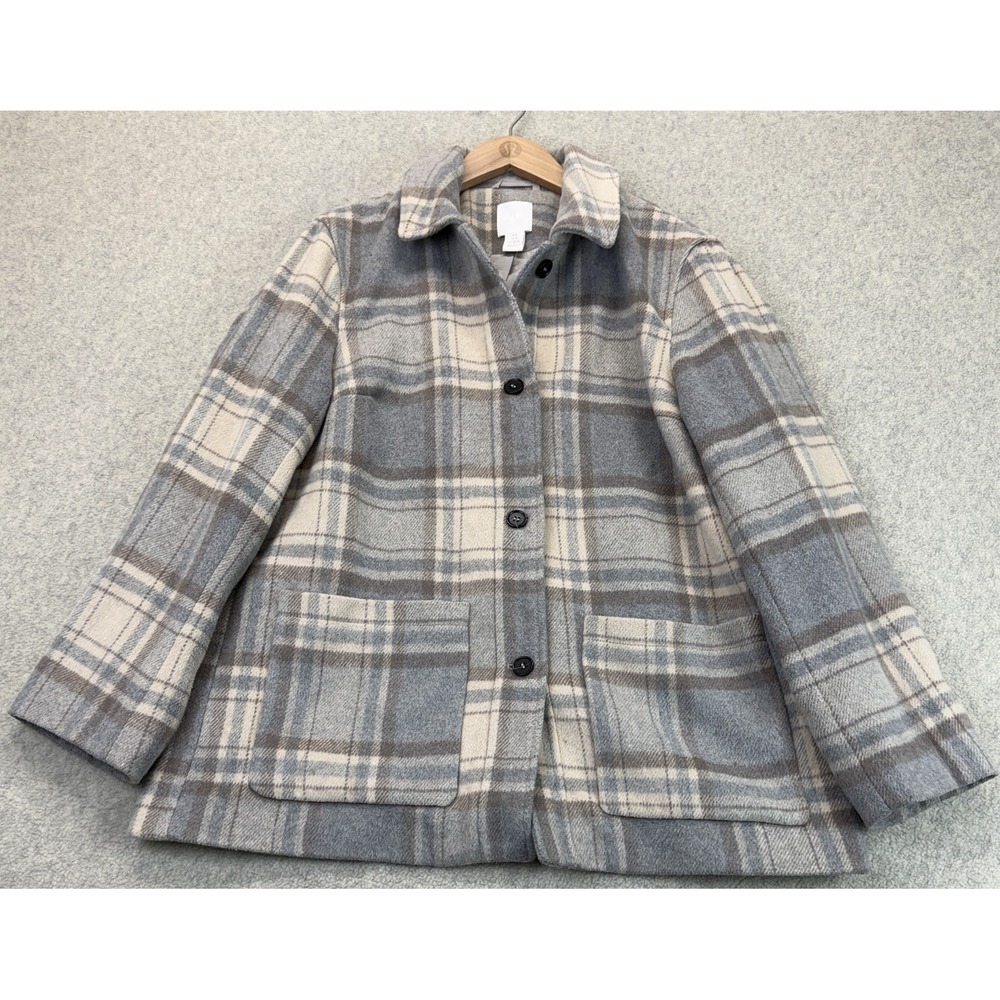 H&M Womens Shacket Jacket Gray & Cream Plaid Long Sleeve Winter Warm Outdoor M